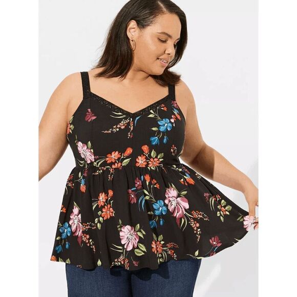 Torrid Black Red Blue Purple Floral Crochet Strap Peplum Challis Tank Top 1X - Picture 7 of 10